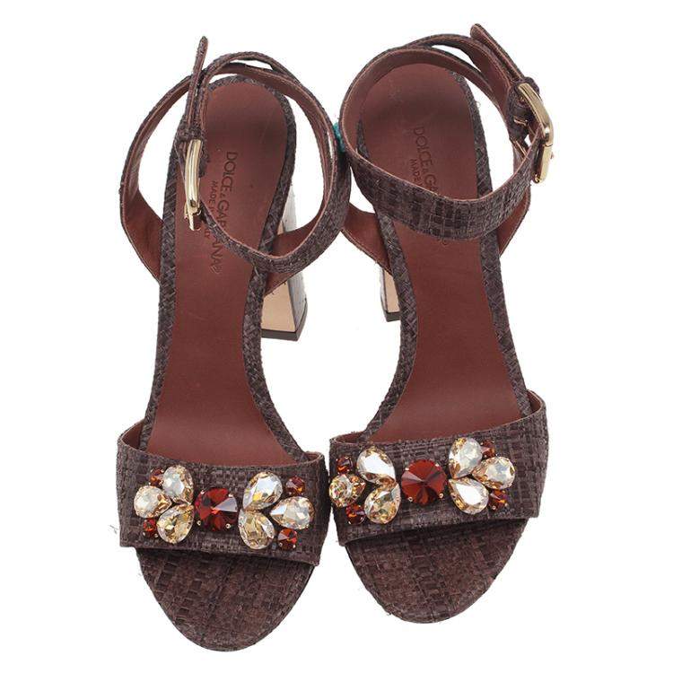 Pre Owned Dolce & Gabbana Beige Jeweled Raffia & Snakeskin Sandals Size 40