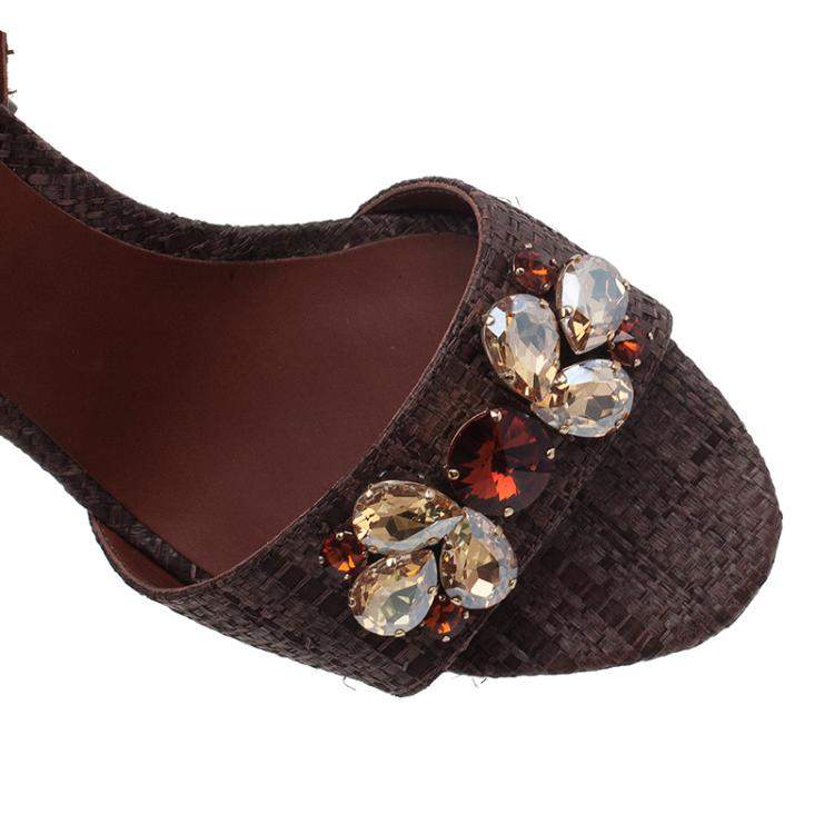 Pre Owned Dolce & Gabbana Beige Jeweled Raffia & Snakeskin Sandals Size 40