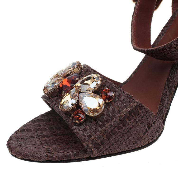 Pre Owned Dolce & Gabbana Beige Jeweled Raffia & Snakeskin Sandals Size 40