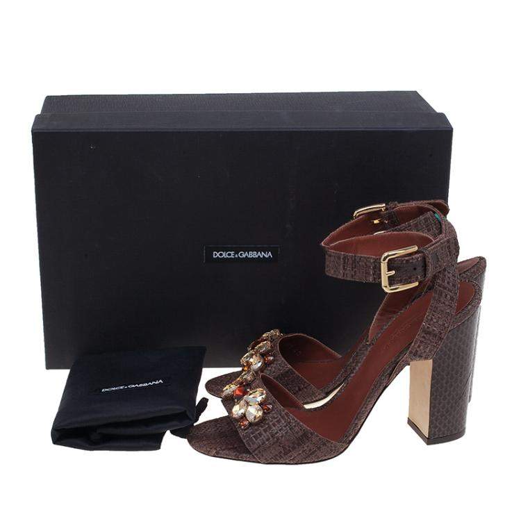 Pre Owned Dolce & Gabbana Beige Jeweled Raffia & Snakeskin Sandals Size 40