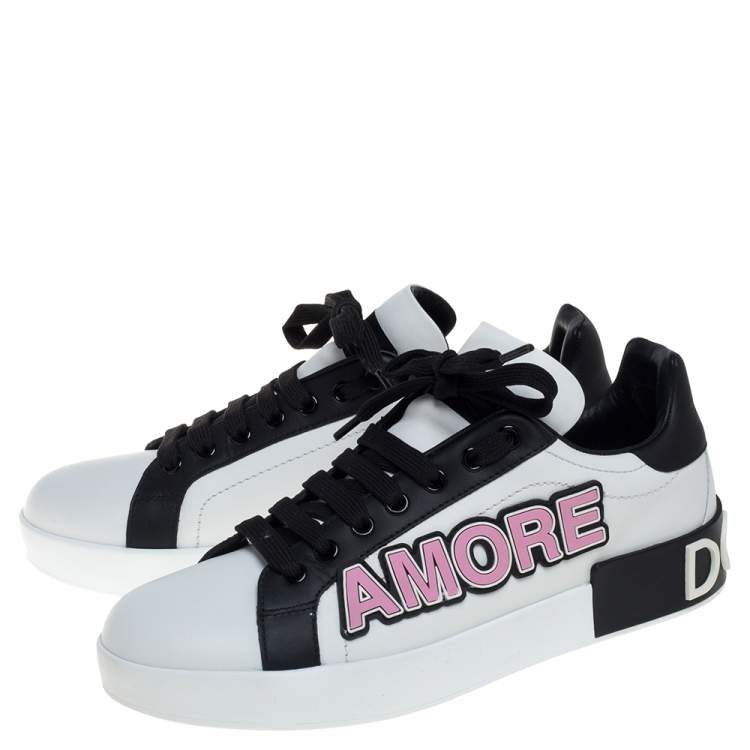 Pre Owned Dolce & Gabbana White/Black Leather Portofino Love Patch Low Top Sneakers Size 38.5