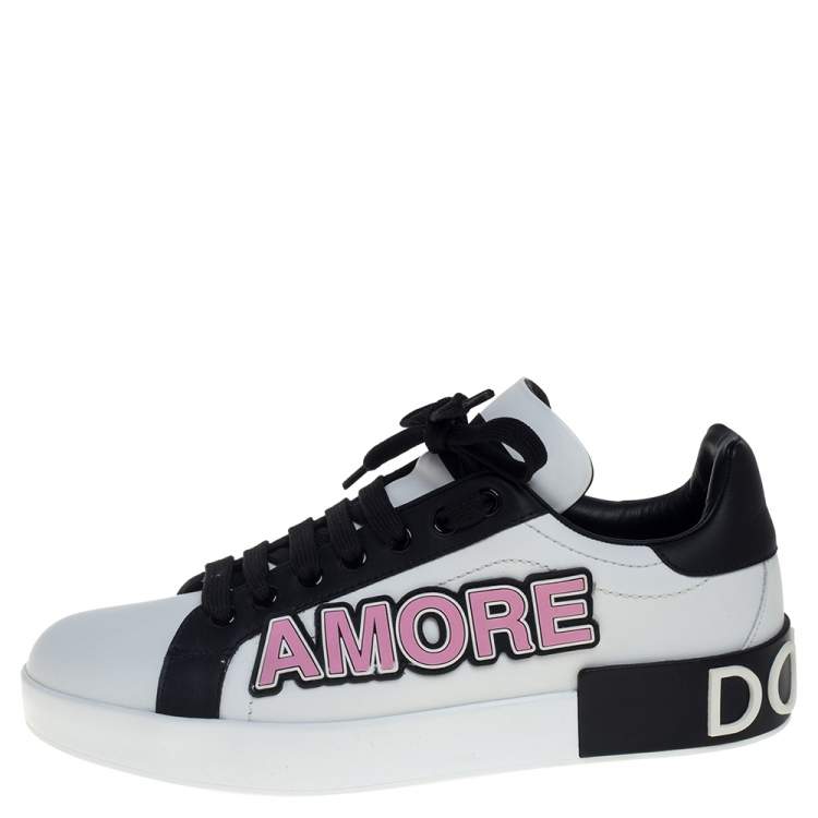 Pre Owned Dolce & Gabbana White/Black Leather Portofino Love Patch Low Top Sneakers Size 38.5