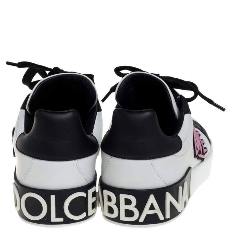 Pre Owned Dolce & Gabbana White/Black Leather Portofino Love Patch Low Top Sneakers Size 38.5
