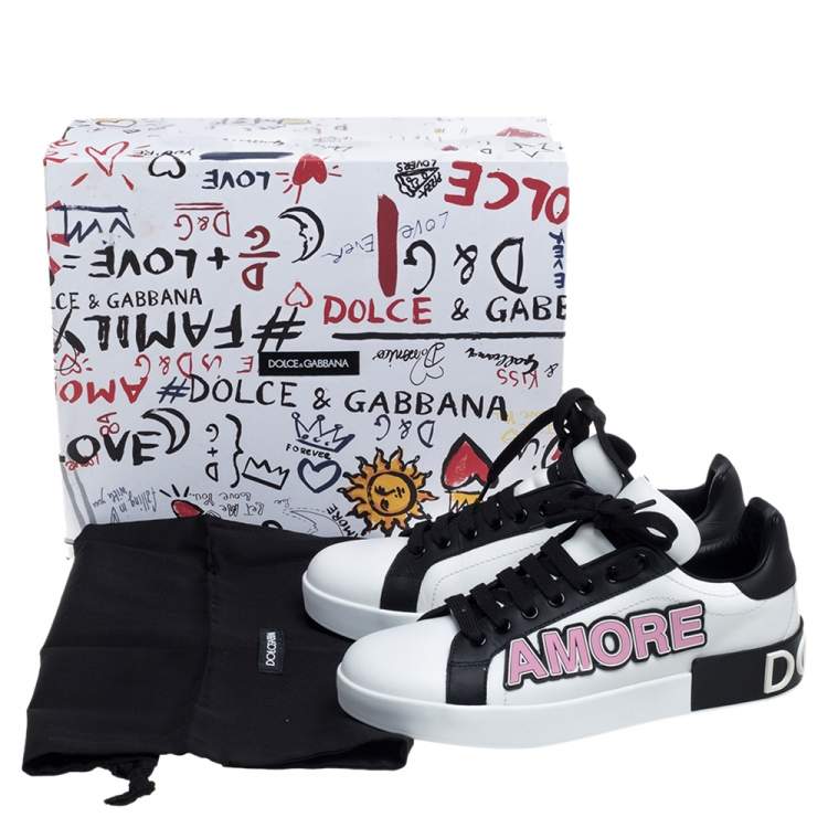 Pre Owned Dolce & Gabbana White/Black Leather Portofino Love Patch Low Top Sneakers Size 38.5