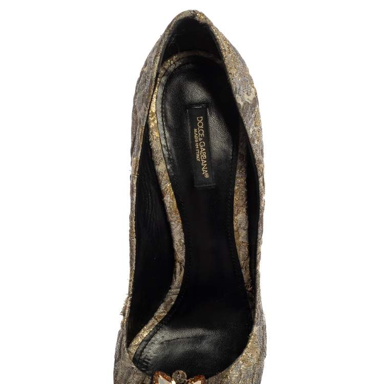 Pre Owned Dolce & Gabbana Grey Floral Print Brocade Fabric Bellucci Crystal Embellished Peep Toe Pumps Size 40