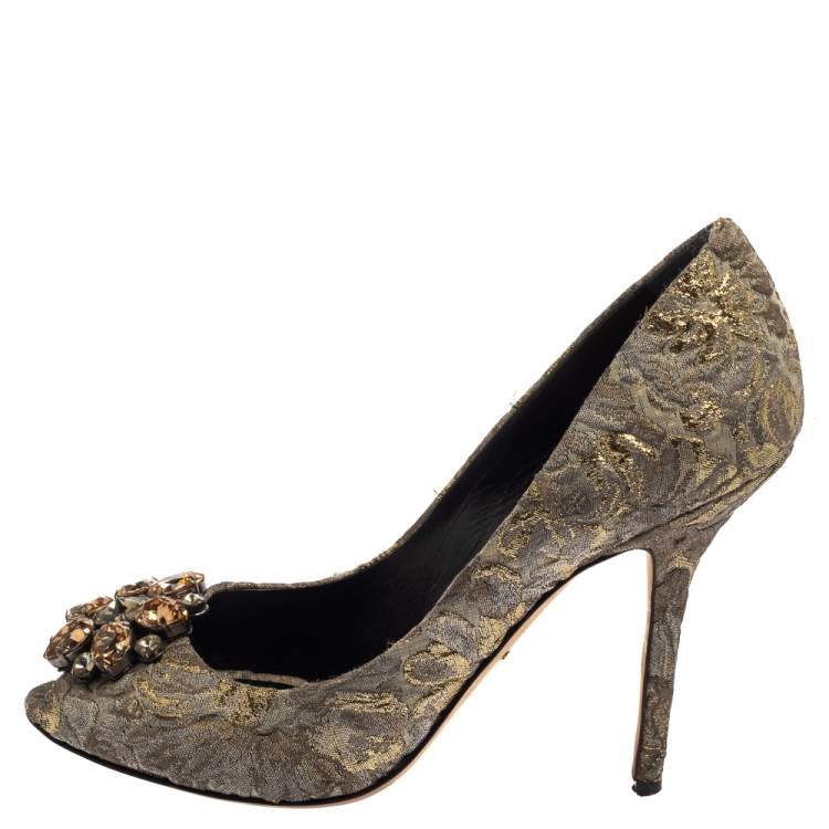 Pre Owned Dolce & Gabbana Grey Floral Print Brocade Fabric Bellucci Crystal Embellished Peep Toe Pumps Size 40