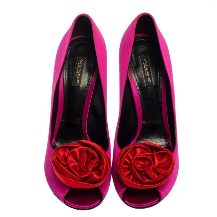 Pre Owned Dolce & Gabbana Pink/Red Satin Rose Applique Peep Toe Pumps Size 39