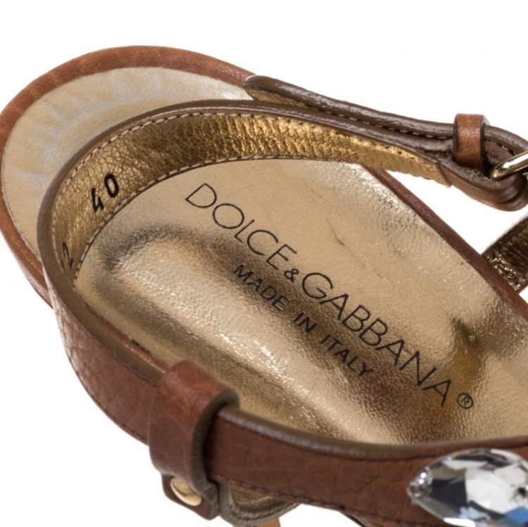 Pre Owned Dolce and Gabbana Brown Leather Embellished Sandals Size 40