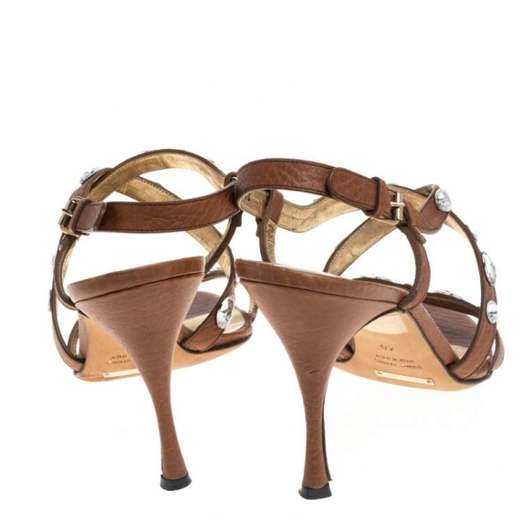 Pre Owned Dolce and Gabbana Brown Leather Embellished Sandals Size 40
