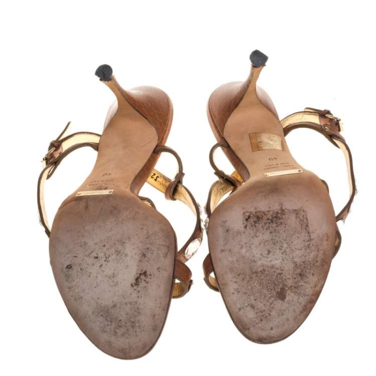 Pre Owned Dolce and Gabbana Brown Leather Embellished Sandals Size 40