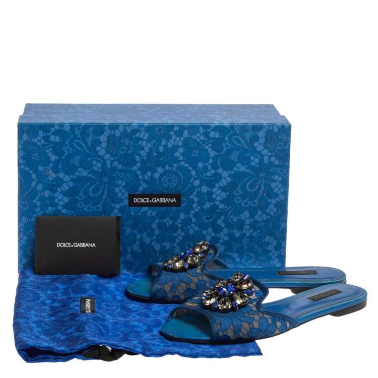 Pre Owned Dolce & Gabbana Blue Lace Crystal Embellished Flat Slides Size 38