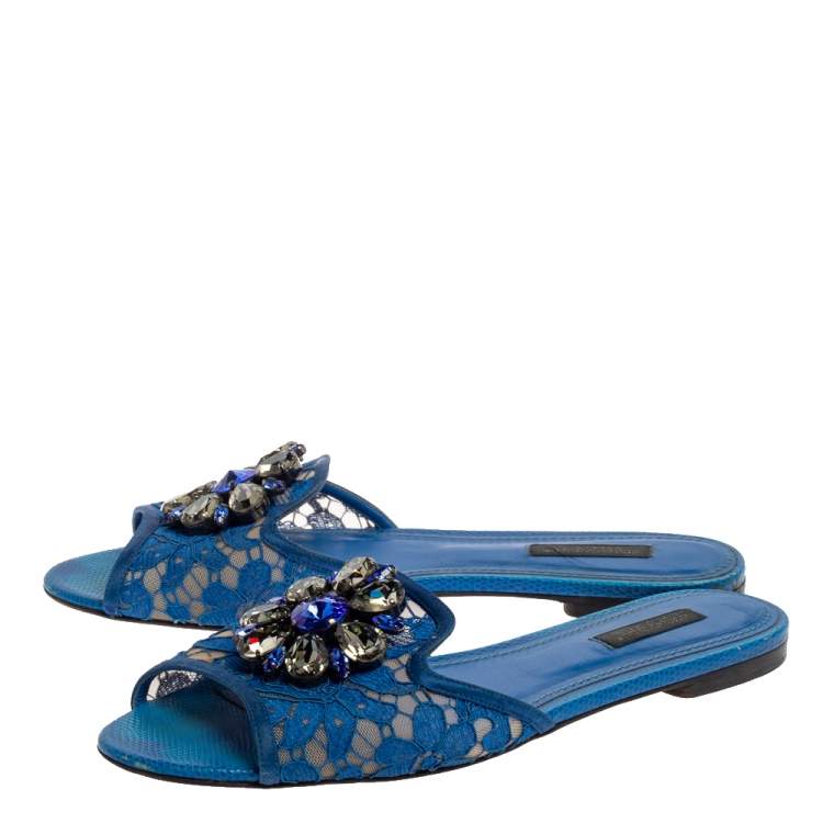Pre Owned Dolce & Gabbana Blue Lace Crystal Embellished Flat Slides Size 38