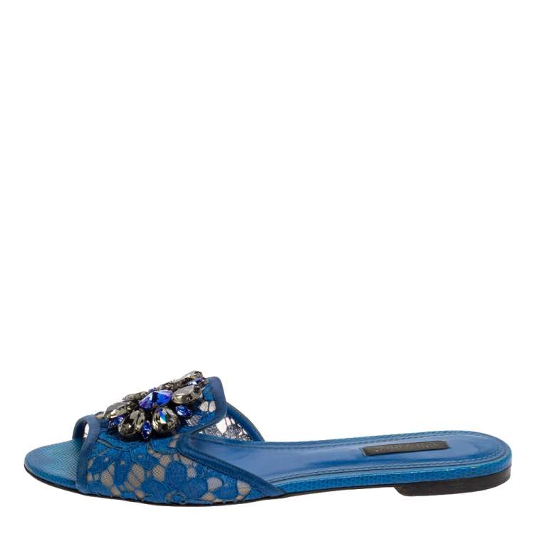 Pre Owned Dolce & Gabbana Blue Lace Crystal Embellished Flat Slides Size 38