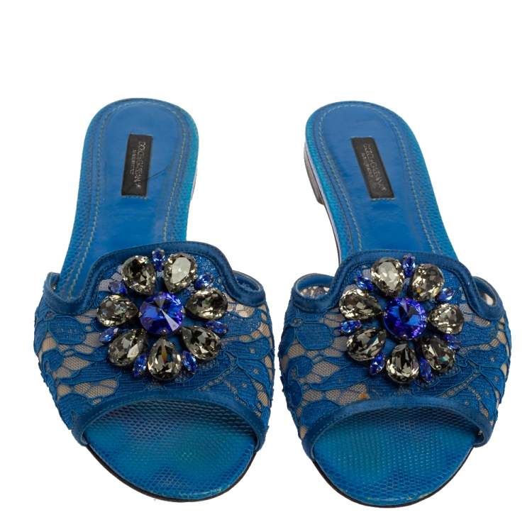 Pre Owned Dolce & Gabbana Blue Lace Crystal Embellished Flat Slides Size 38