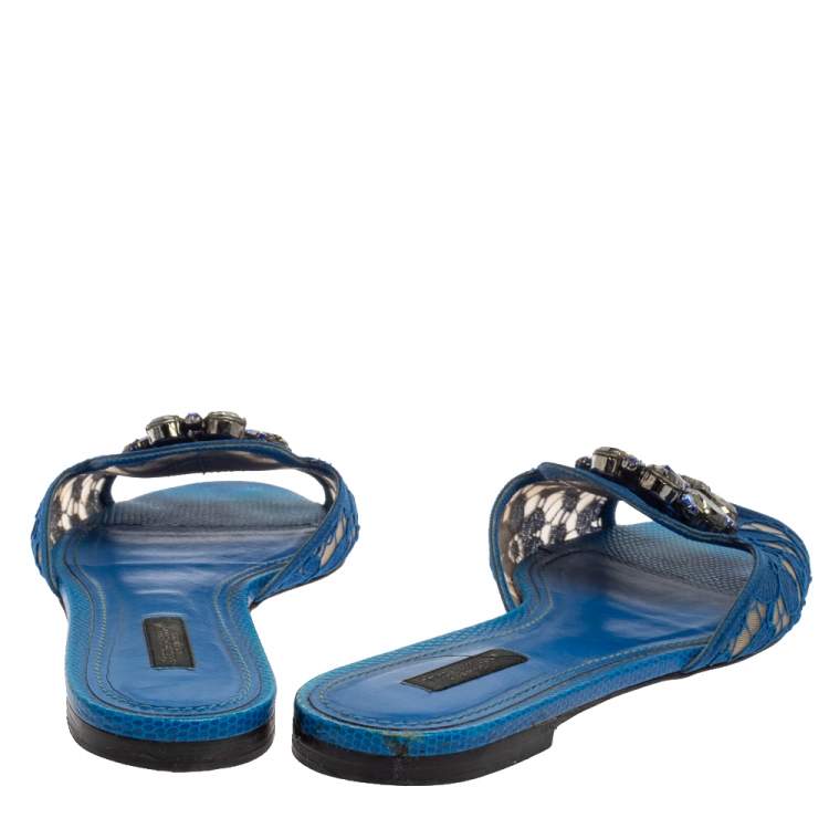 Pre Owned Dolce & Gabbana Blue Lace Crystal Embellished Flat Slides Size 38