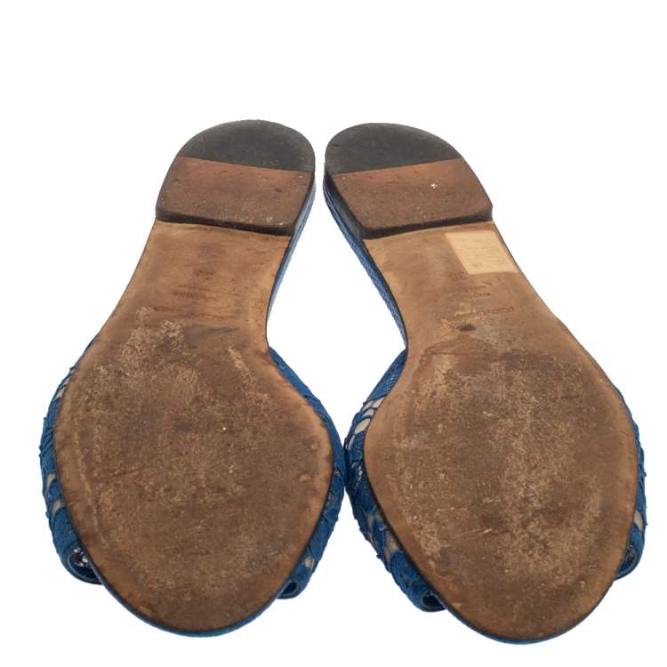 Pre Owned Dolce & Gabbana Blue Lace Crystal Embellished Flat Slides Size 38