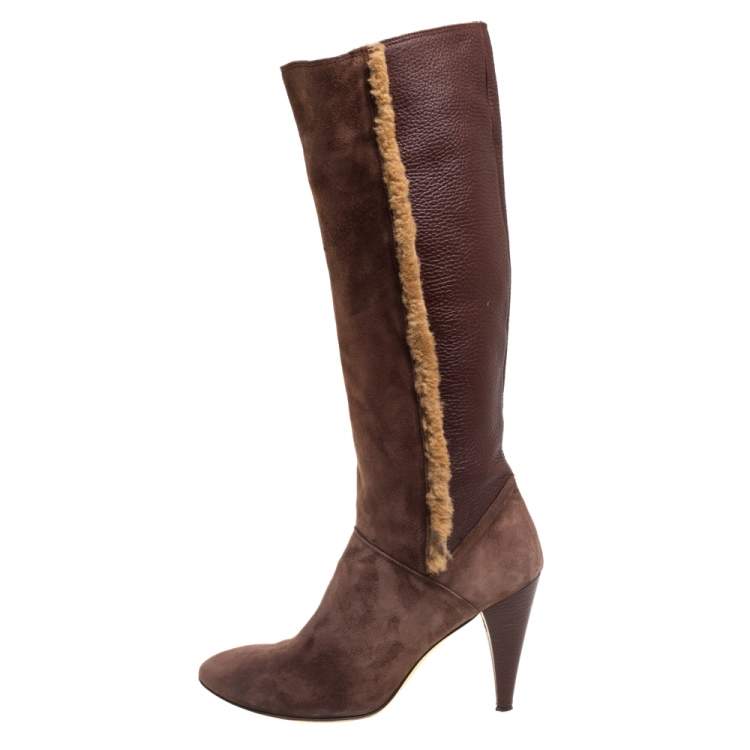 Pre Owned Dolce & Gabbana Brown Leather And Suede Knee Length Boots Size 40