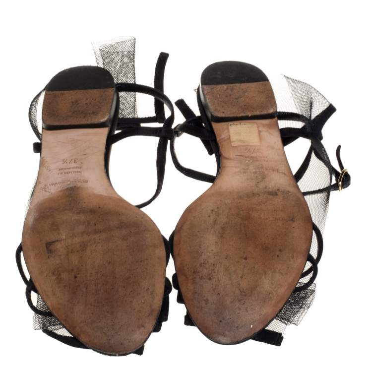 Pre Owned Dolce & Gabbana Black Satin And Mesh Flat Sandals Size 37.5