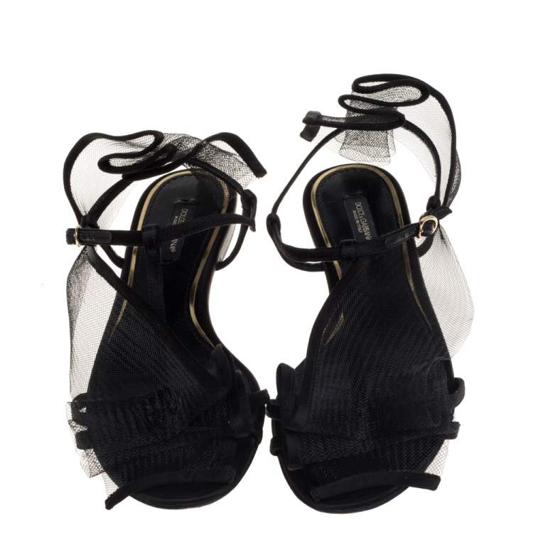 Pre Owned Dolce & Gabbana Black Satin And Mesh Flat Sandals Size 37.5