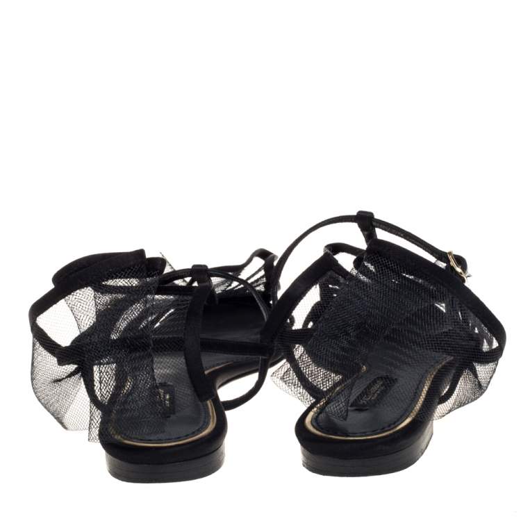 Pre Owned Dolce & Gabbana Black Satin And Mesh Flat Sandals Size 37.5