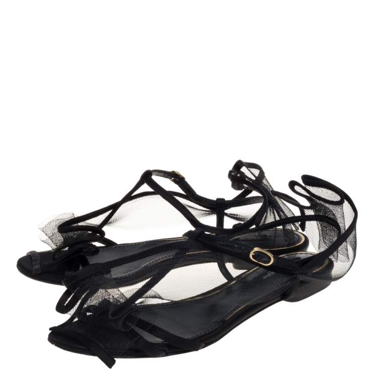 Pre Owned Dolce & Gabbana Black Satin And Mesh Flat Sandals Size 37.5