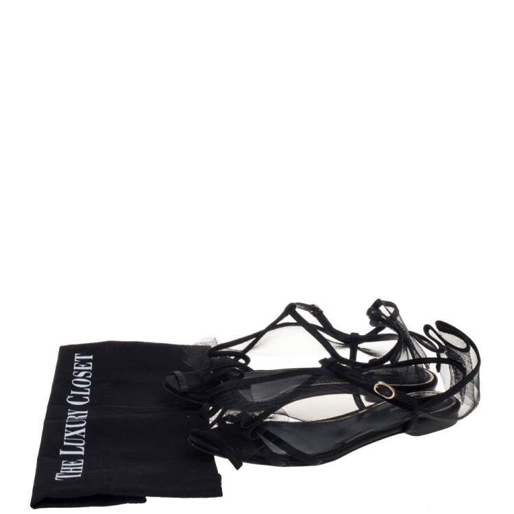 Pre Owned Dolce & Gabbana Black Satin And Mesh Flat Sandals Size 37.5