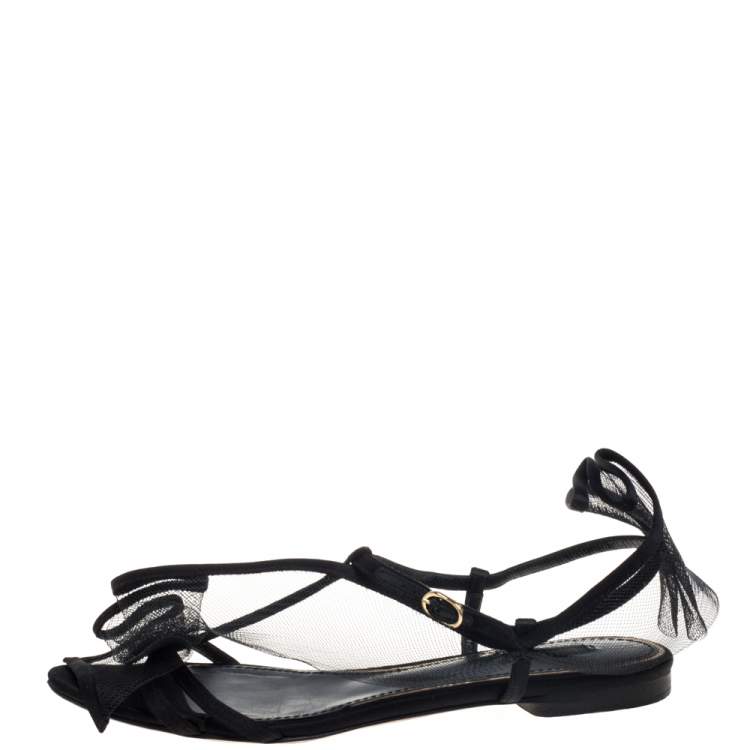 Pre Owned Dolce & Gabbana Black Satin And Mesh Flat Sandals Size 37.5