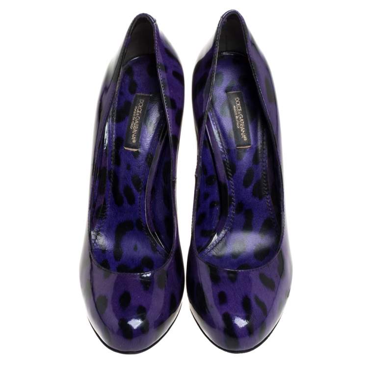 Pre Owned Dolce & Gabbana Purple/Black  Leopard Print Patent Leather Platform Pumps Size 37.5 