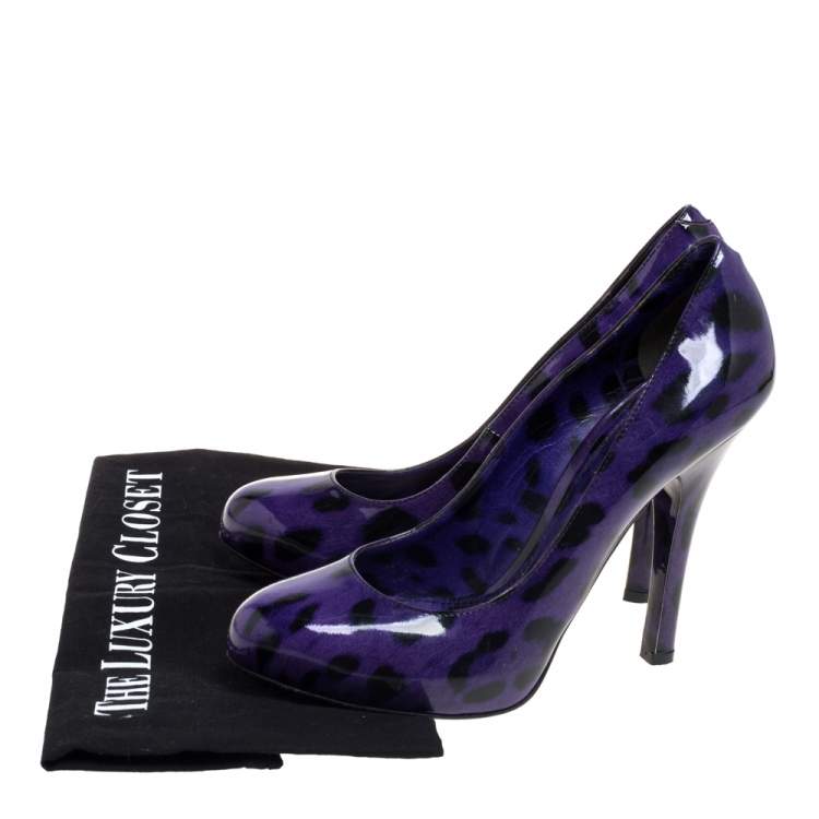 Pre Owned Dolce & Gabbana Purple/Black  Leopard Print Patent Leather Platform Pumps Size 37.5 