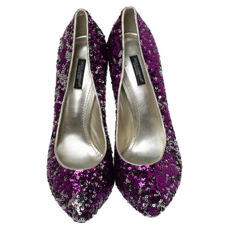 Pre Owned Dolce & Gabbana Purple/Silver Sequins And Leather Pumps Size 40