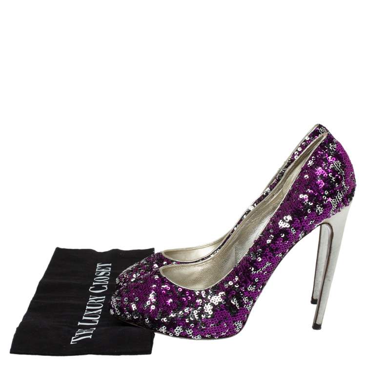 Pre Owned Dolce & Gabbana Purple/Silver Sequins And Leather Pumps Size 40