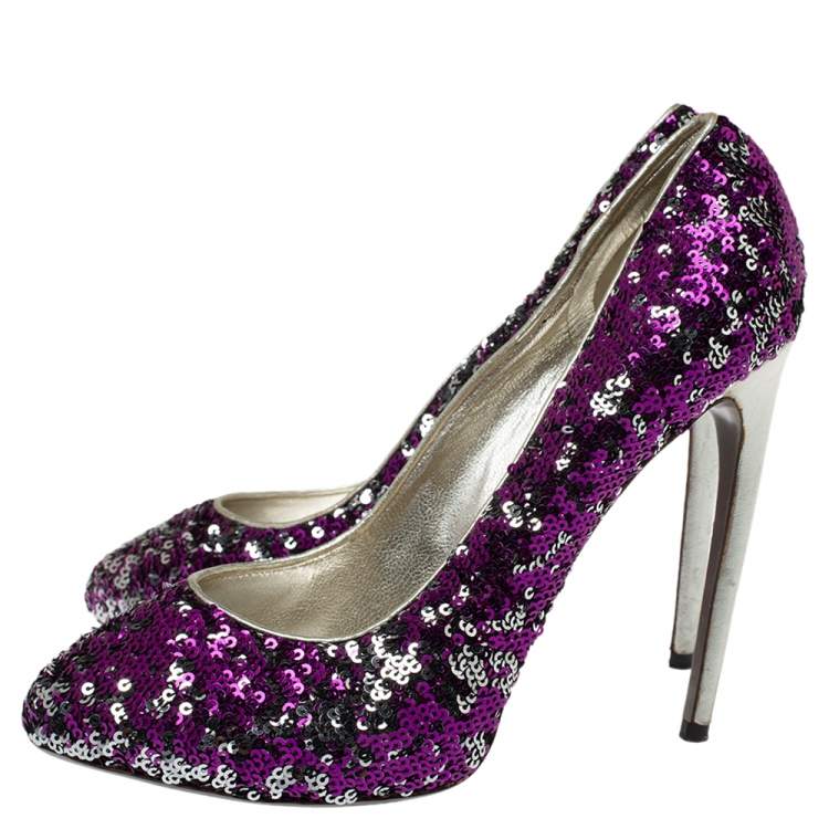 Pre Owned Dolce & Gabbana Purple/Silver Sequins And Leather Pumps Size 40