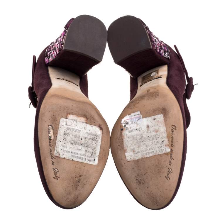 Pre Owned Dolce & Gabbana Burgundy Suede Mary Jane Embellished Heel Pumps Size 36