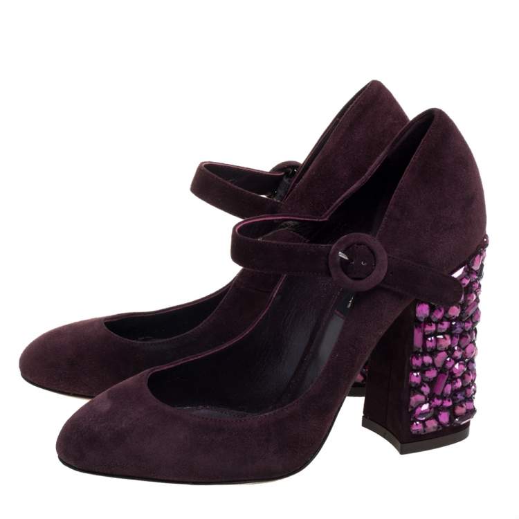 Dolce & Gabbana Burgundy Suede Mary Jane Embellished Heel Pumps Size 36