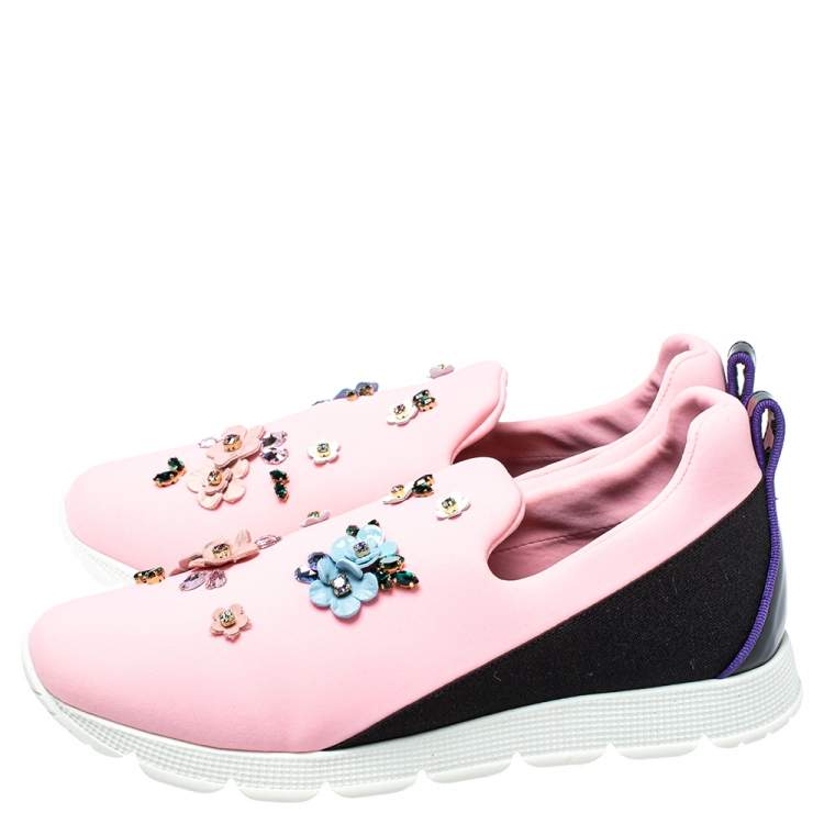 Pre Owned Dolce & Gabbana Pink Neoprene Embellished Slip On Sneakers Size 38