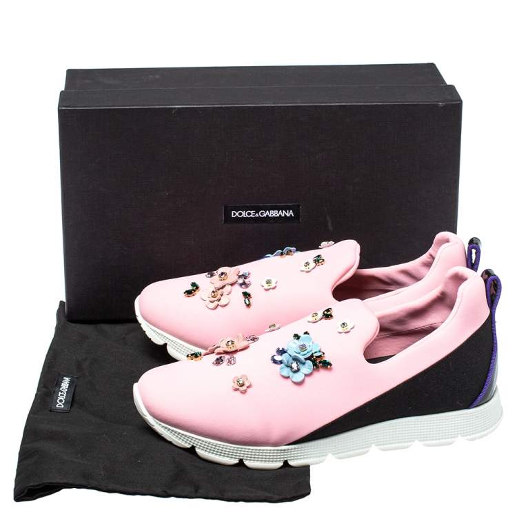 Pre Owned Dolce & Gabbana Pink Neoprene Embellished Slip On Sneakers Size 38