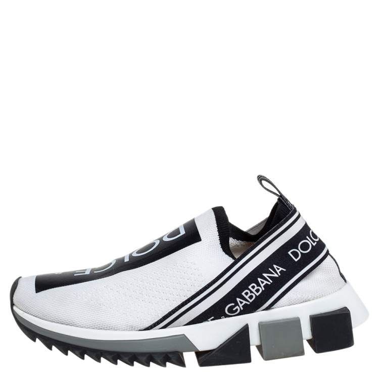 Pre Owned Dolce & Gabbana White/Black Knit Fabric Sorrento Sneakers Size 36.5