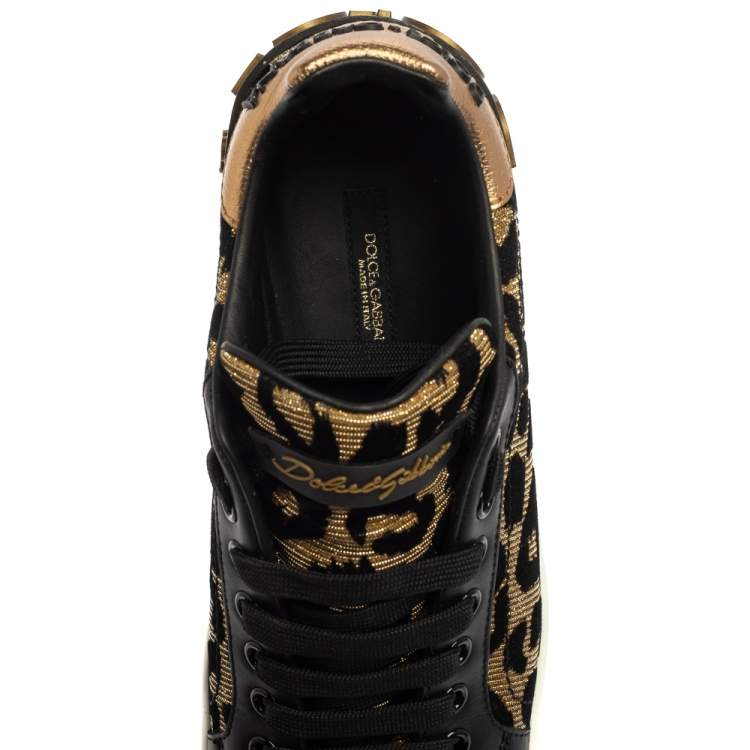 Pre Owned Dolce & Gabbana Black/Brown Leopard Print Lurex Fabric Logo Low Top Sneakers Size 37.5