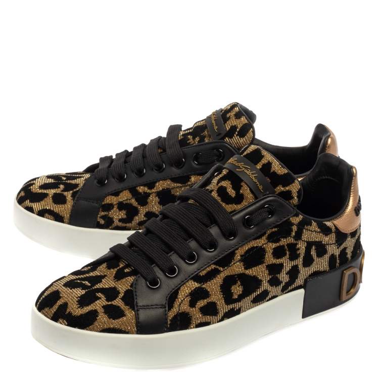 Pre Owned Dolce & Gabbana Black/Brown Leopard Print Lurex Fabric Logo Low Top Sneakers Size 37.5