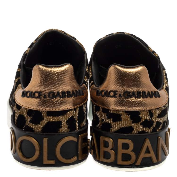 Pre Owned Dolce & Gabbana Black/Brown Leopard Print Lurex Fabric Logo Low Top Sneakers Size 37.5