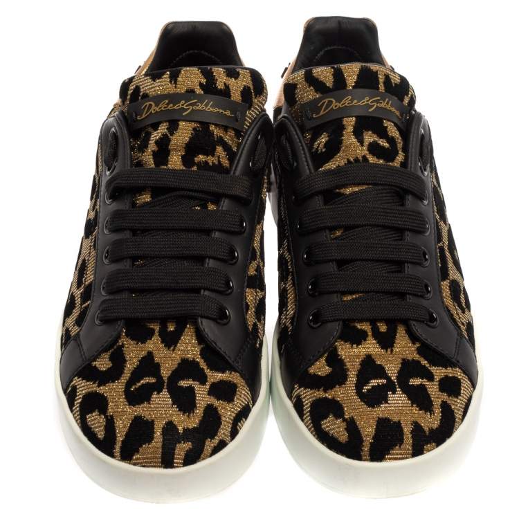 Pre Owned Dolce & Gabbana Black/Brown Leopard Print Lurex Fabric Logo Low Top Sneakers Size 37.5