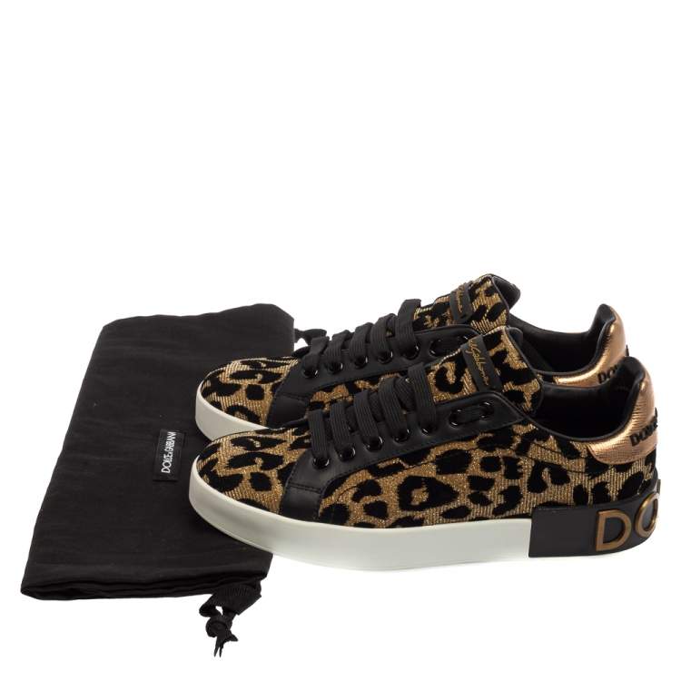 Pre Owned Dolce & Gabbana Black/Brown Leopard Print Lurex Fabric Logo Low Top Sneakers Size 37.5