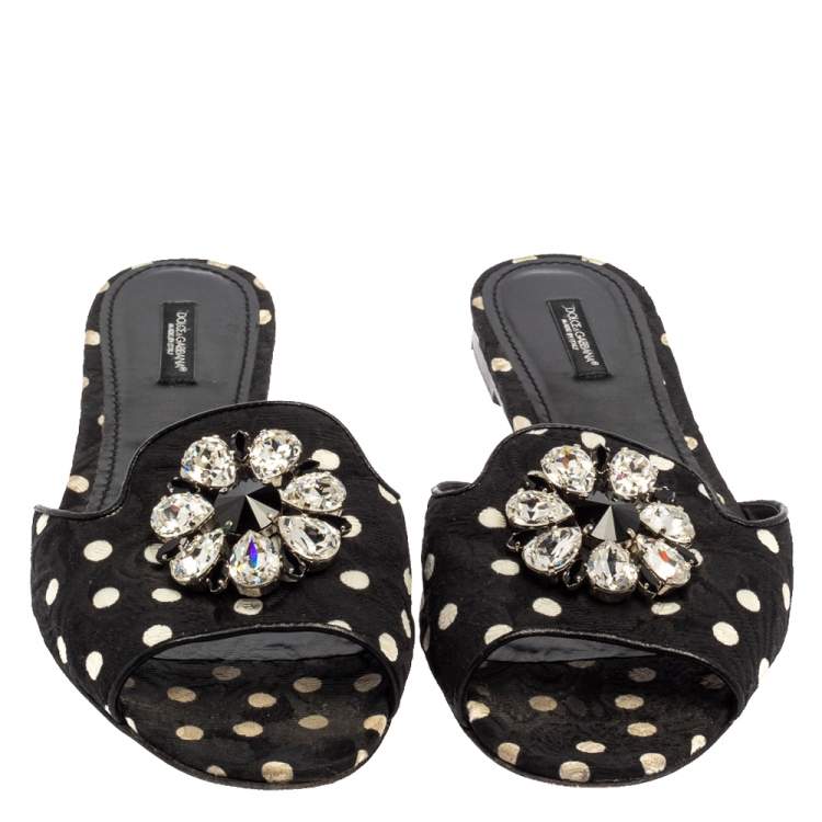 Pre Owned Dolce & Gabbana Black/White Polka Dot Fabric Crystal Embellished Bianca Flat Slides Size 41