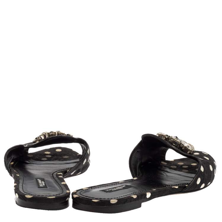 Pre Owned Dolce & Gabbana Black/White Polka Dot Fabric Crystal Embellished Bianca Flat Slides Size 41