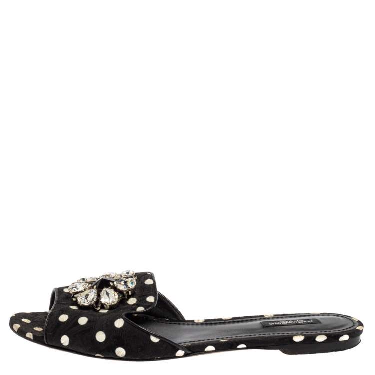Pre Owned Dolce & Gabbana Black/White Polka Dot Fabric Crystal Embellished Bianca Flat Slides Size 41