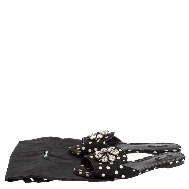 Pre Owned Dolce & Gabbana Black/White Polka Dot Fabric Crystal Embellished Bianca Flat Slides Size 41