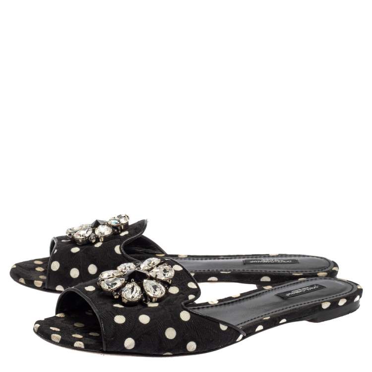 Pre Owned Dolce & Gabbana Black/White Polka Dot Fabric Crystal Embellished Bianca Flat Slides Size 41