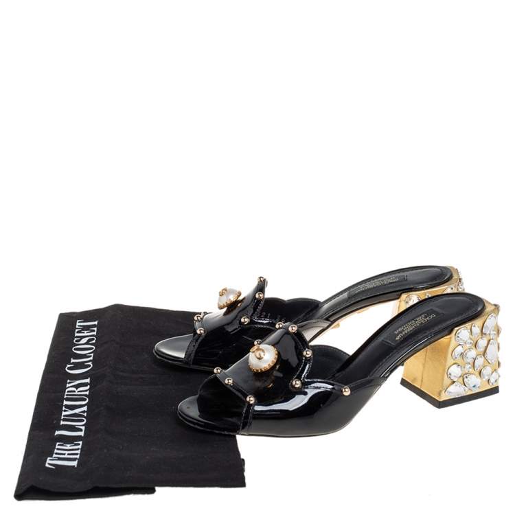 Pre Owned Dolce & Gabbana Black Patent Leather Crystal Embellishment Block Heel Mules Size 36