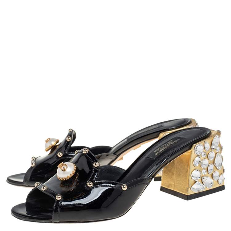 Pre Owned Dolce & Gabbana Black Patent Leather Crystal Embellishment Block Heel Mules Size 36