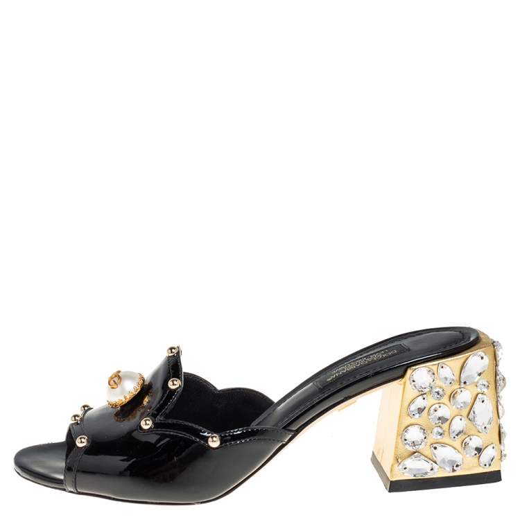 Pre Owned Dolce & Gabbana Black Patent Leather Crystal Embellishment Block Heel Mules Size 36
